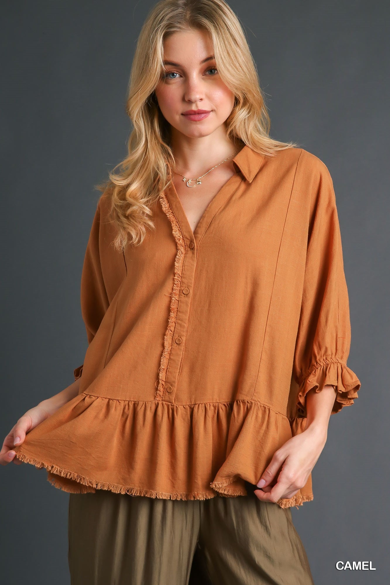 Linen Half Button Peplum Top