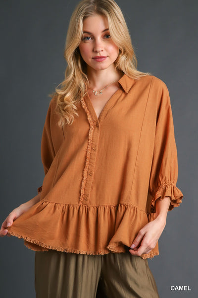 Linen Half Button Peplum Top