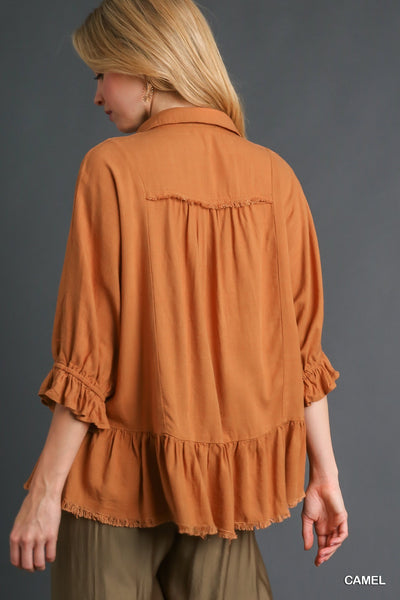 Linen Half Button Peplum Top