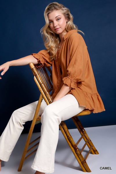 Linen Half Button Peplum Top