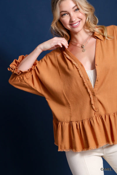 Linen Half Button Peplum Top