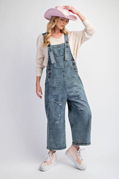 Washed Denim Loose Fit Overalls