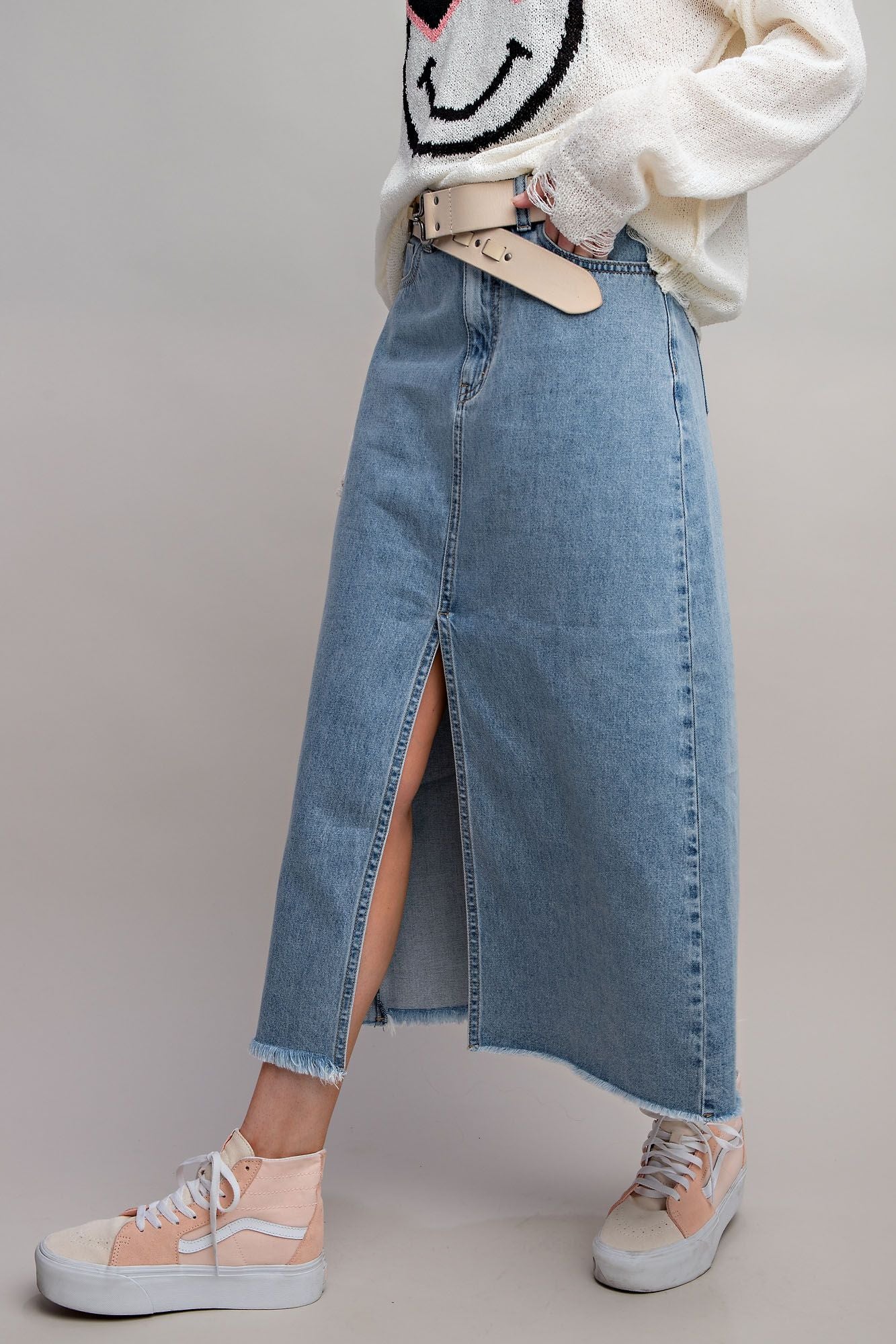 Front Slit Denim Skirt