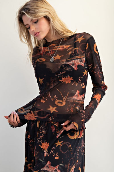 Western Printed Mesh Top