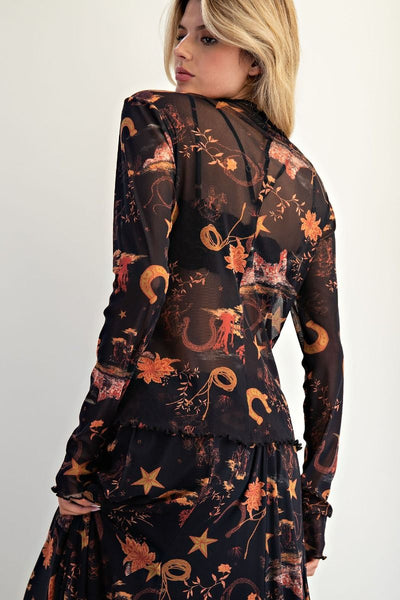 Western Printed Mesh Top