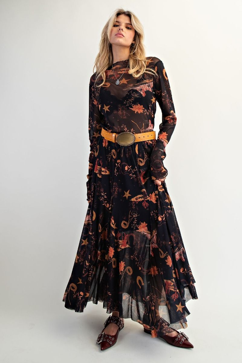 Western Printed Mesh Top