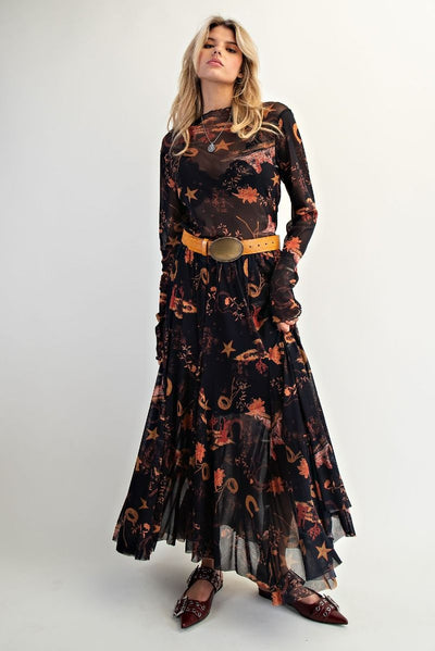 Western Printed Mesh Top