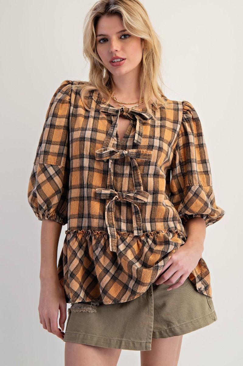 Plaid Tie Front Peplum Blouse