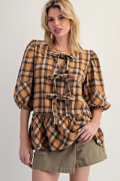 Plaid Tie Front Peplum Blouse