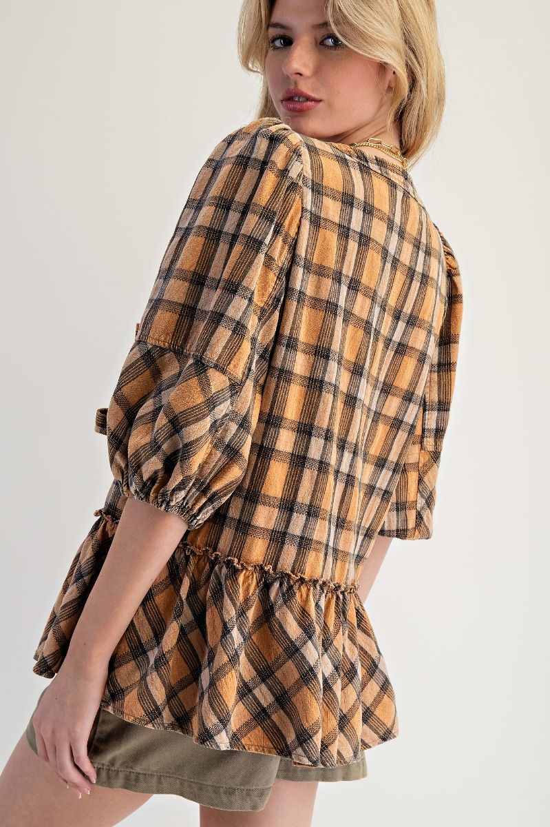 Plaid Tie Front Peplum Blouse