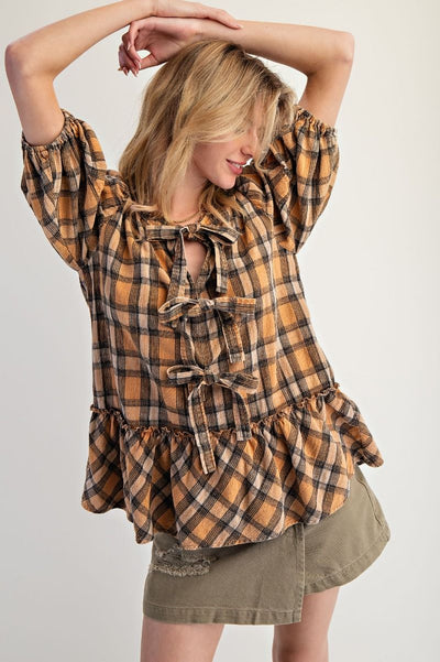 Plaid Tie Front Peplum Blouse