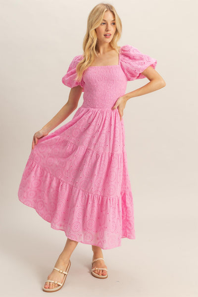 Puff Sleeve Flared Eyelet Dress