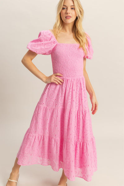 Puff Sleeve Flared Eyelet Dress
