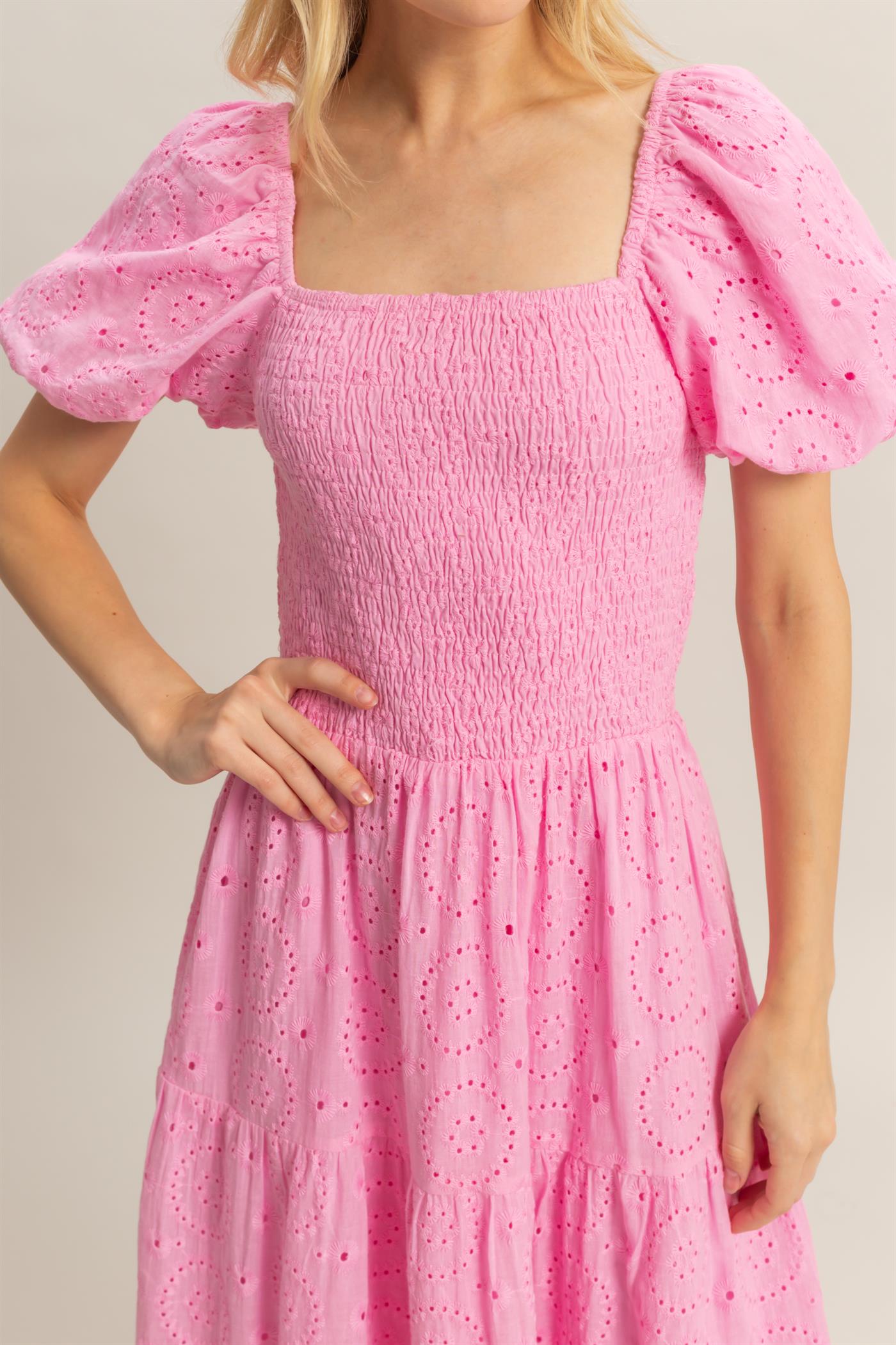 Puff Sleeve Flared Eyelet Dress