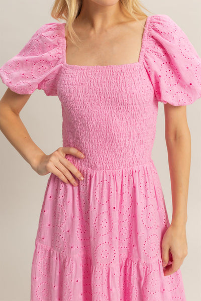 Puff Sleeve Flared Eyelet Dress