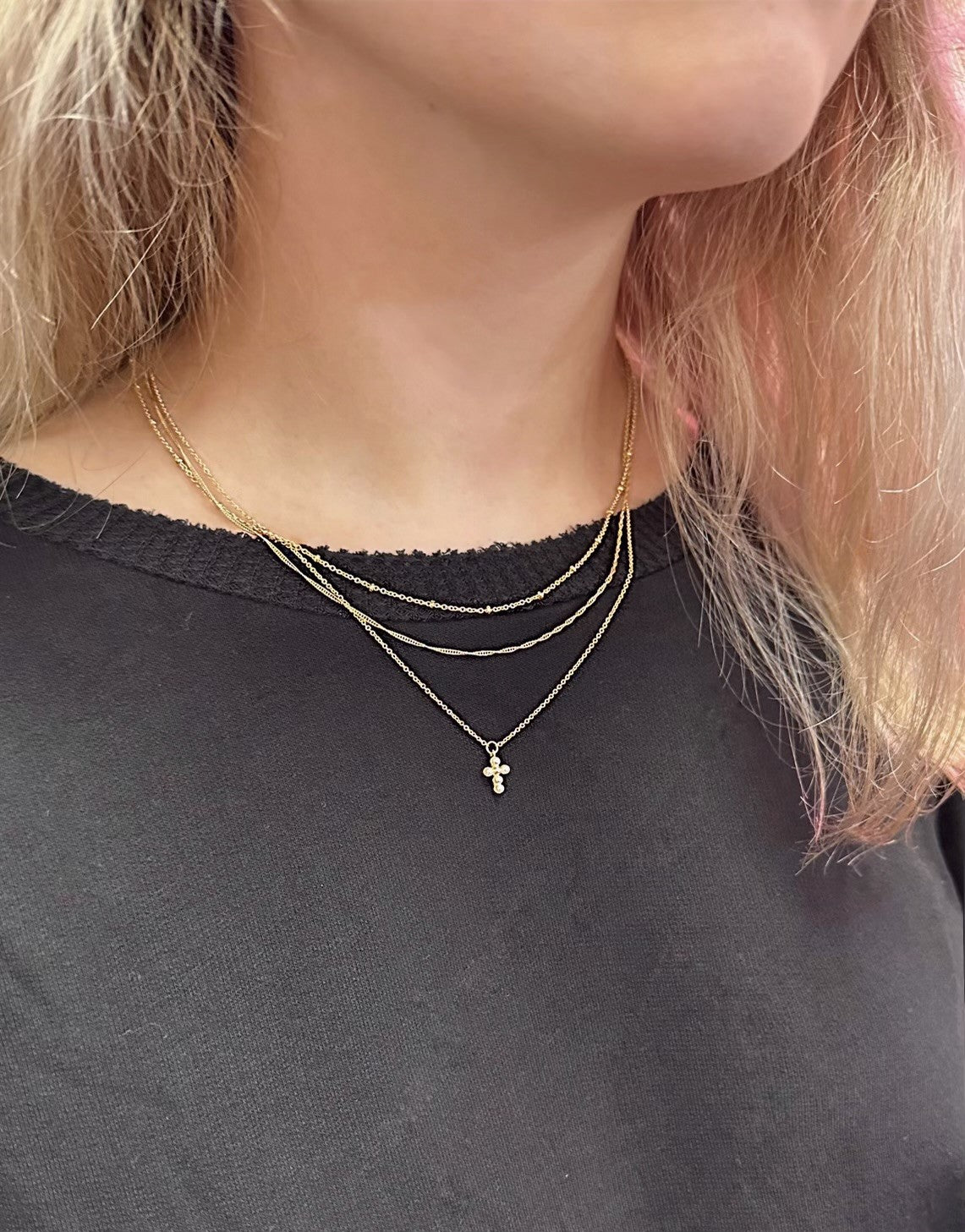 Layered Micro Pearl Cross Necklace