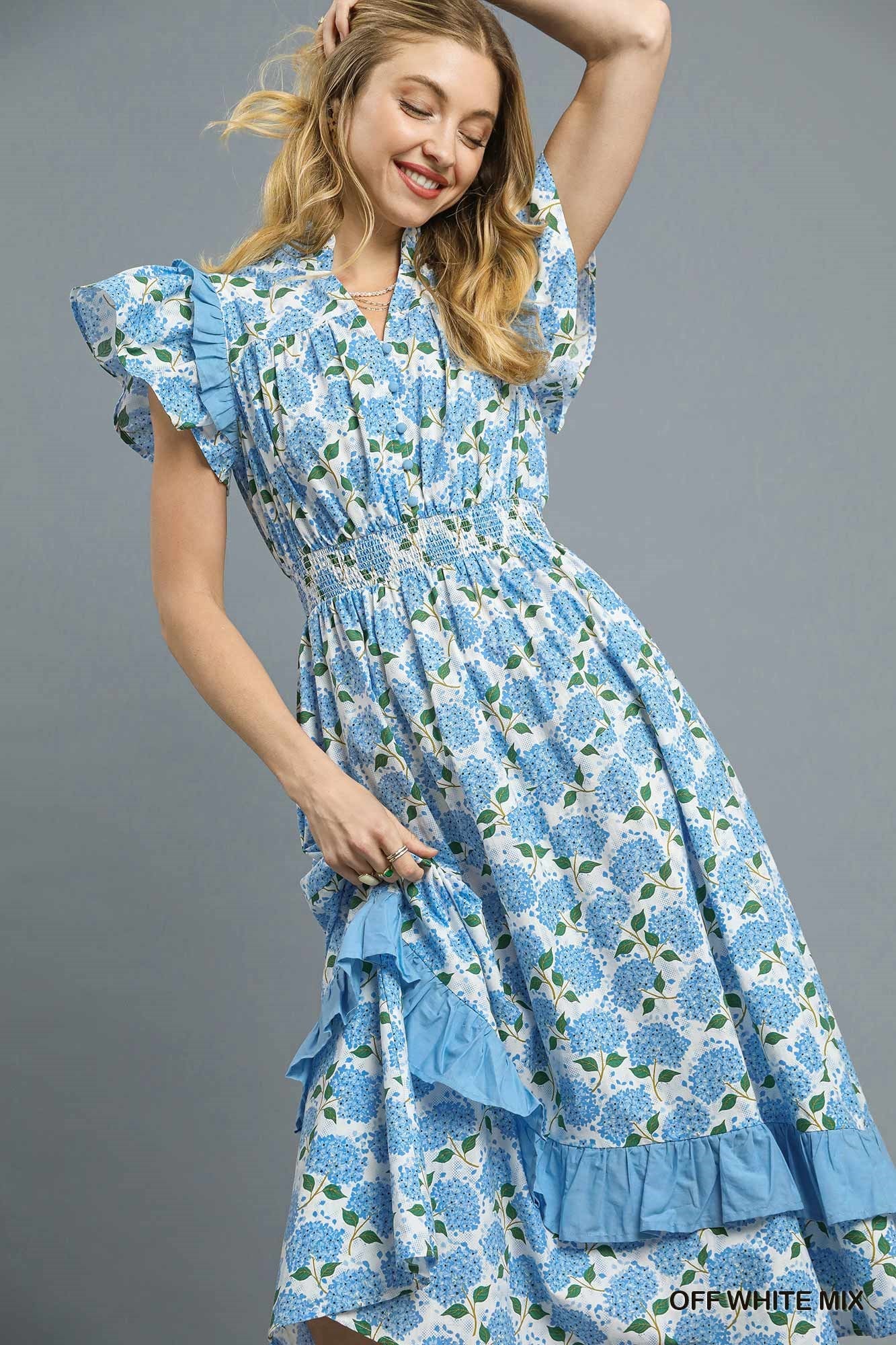 Ruffle Sleeve Floral Midi Dress