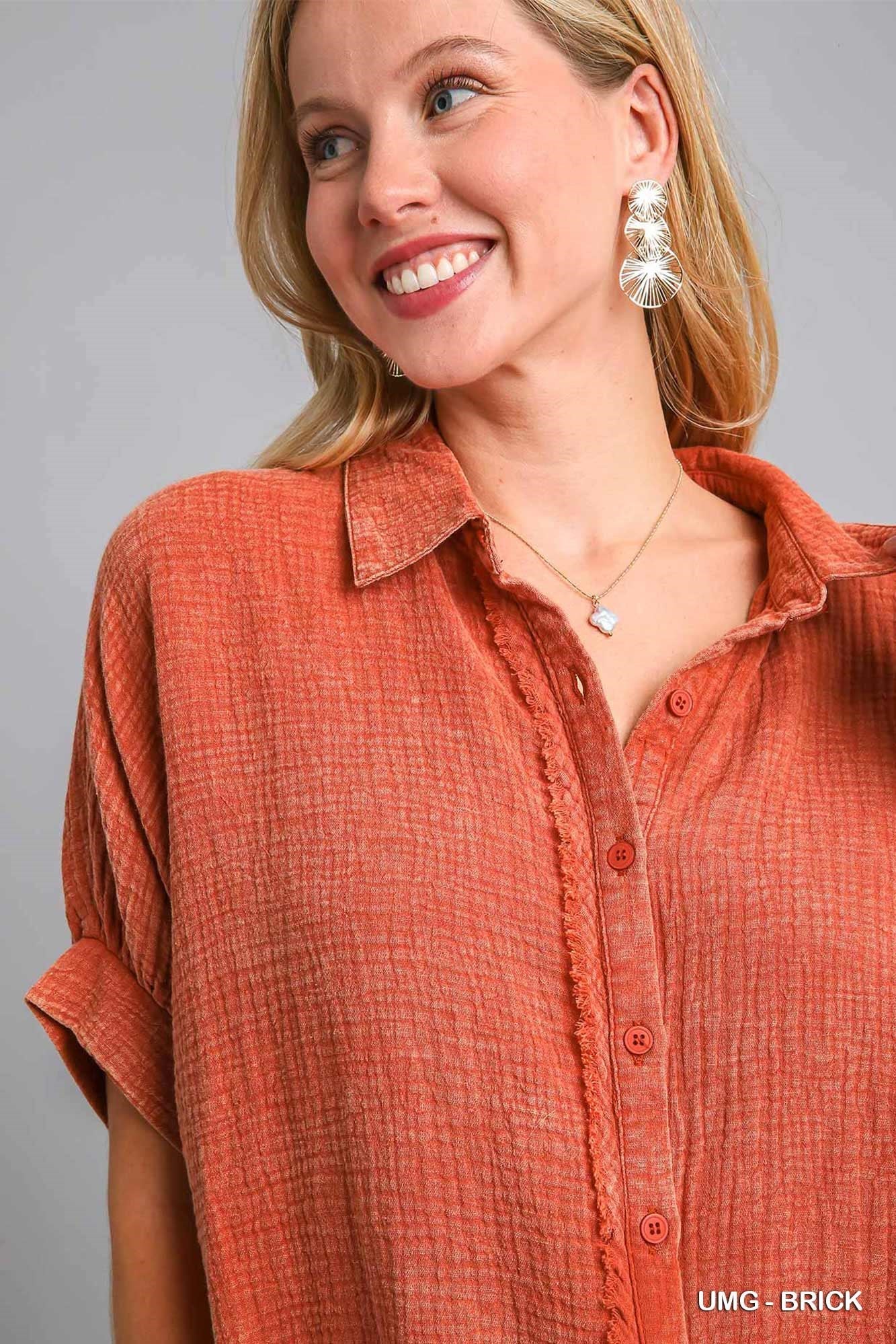 Mineral Wash Gauze Button Down Top