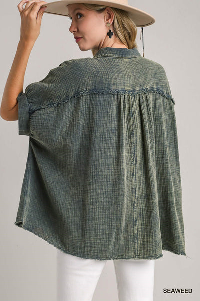 Mineral Wash Gauze Button Down Top