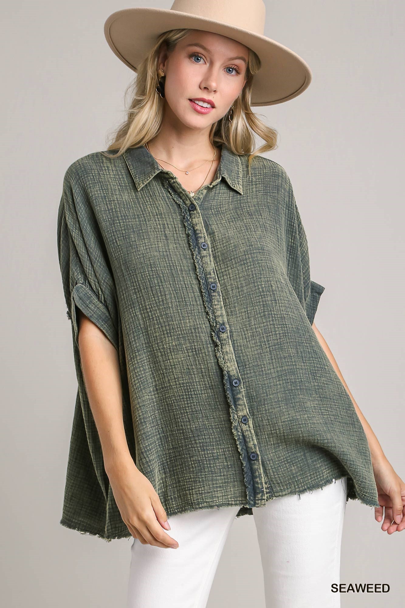 Mineral Wash Gauze Button Down Top