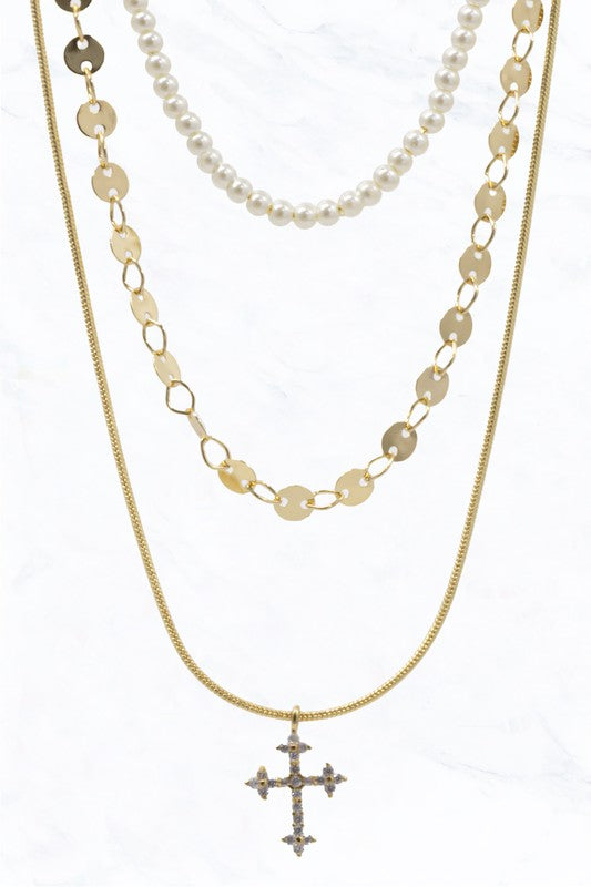 Layered Pearl Cross Necklace