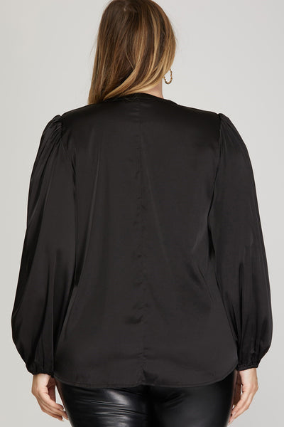 Puff Sleeve Notch Neck Satin Top