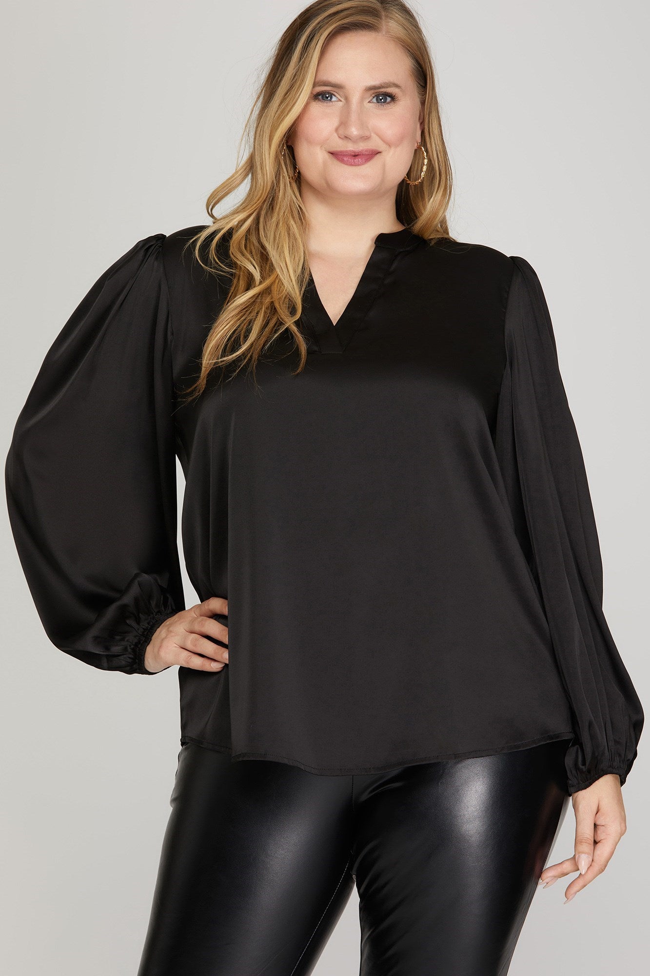 Puff Sleeve Notch Neck Satin Top