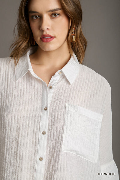 Pleated Batwing Button Up Top