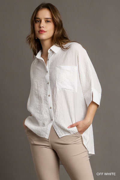 Pleated Batwing Button Up Top