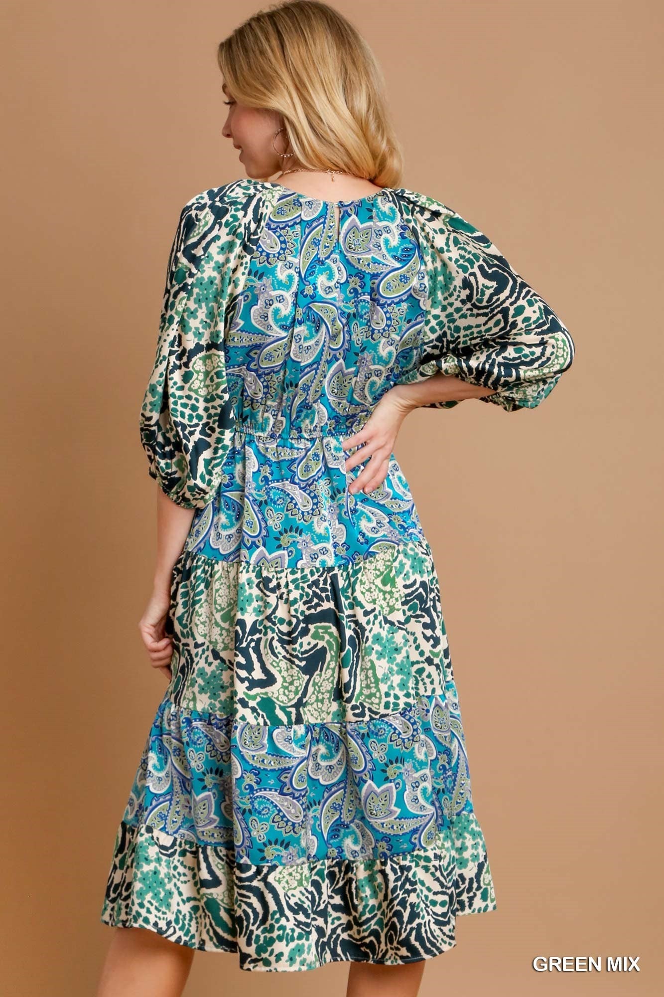 Mixed Print Tiered Midi Dress