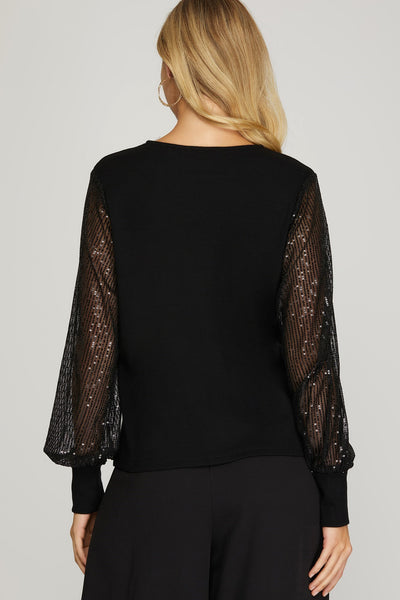 Sequin Sleeve Knit Top