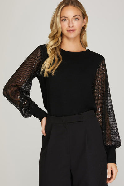 Sequin Sleeve Knit Top