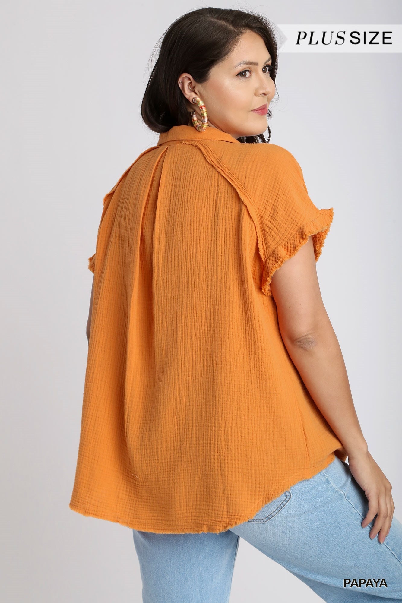 Frayed Hem Collared Button Up Top