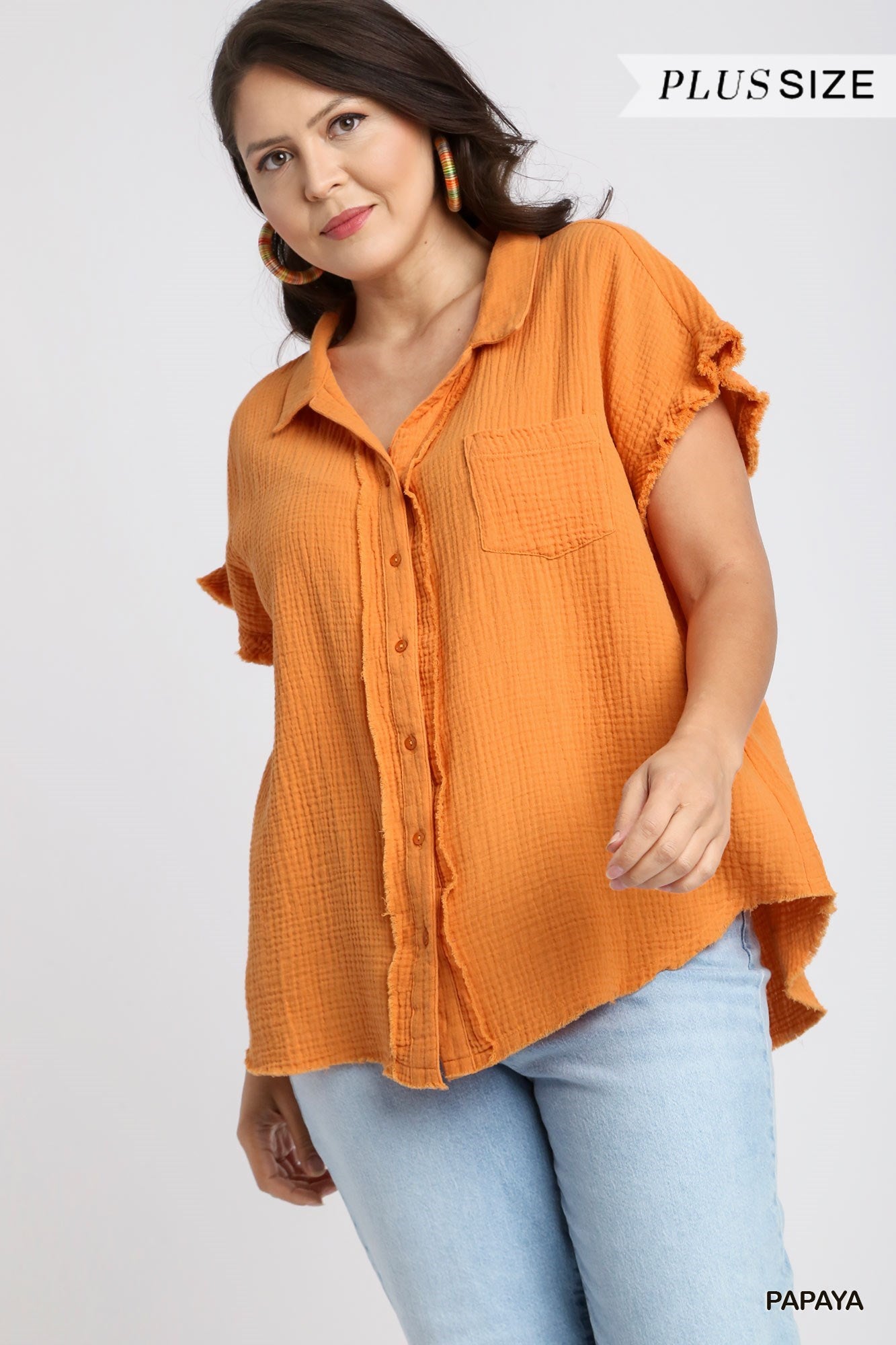 Frayed Hem Collared Button Up Top