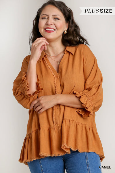 Linen Half Button Peplum Top