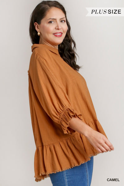 Linen Half Button Peplum Top