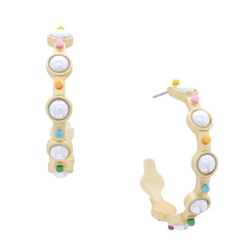 Pearl & Rainbow Studded Hoop Earring