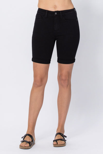 High Rise Black Cuffed Bermuda Shorts