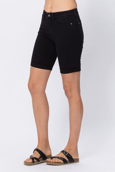 High Rise Black Cuffed Bermuda Shorts