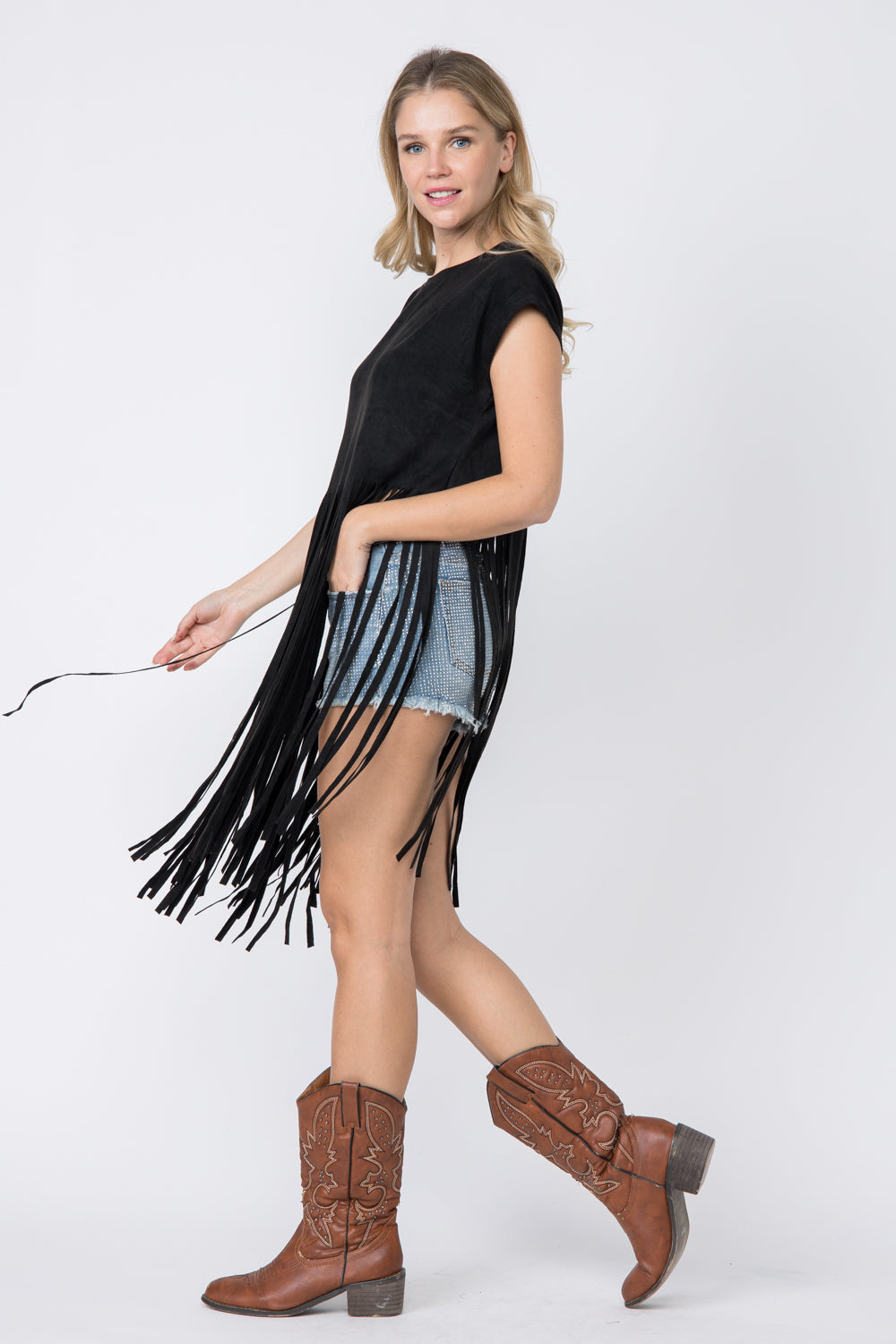 Suede Cropped Fringe Top