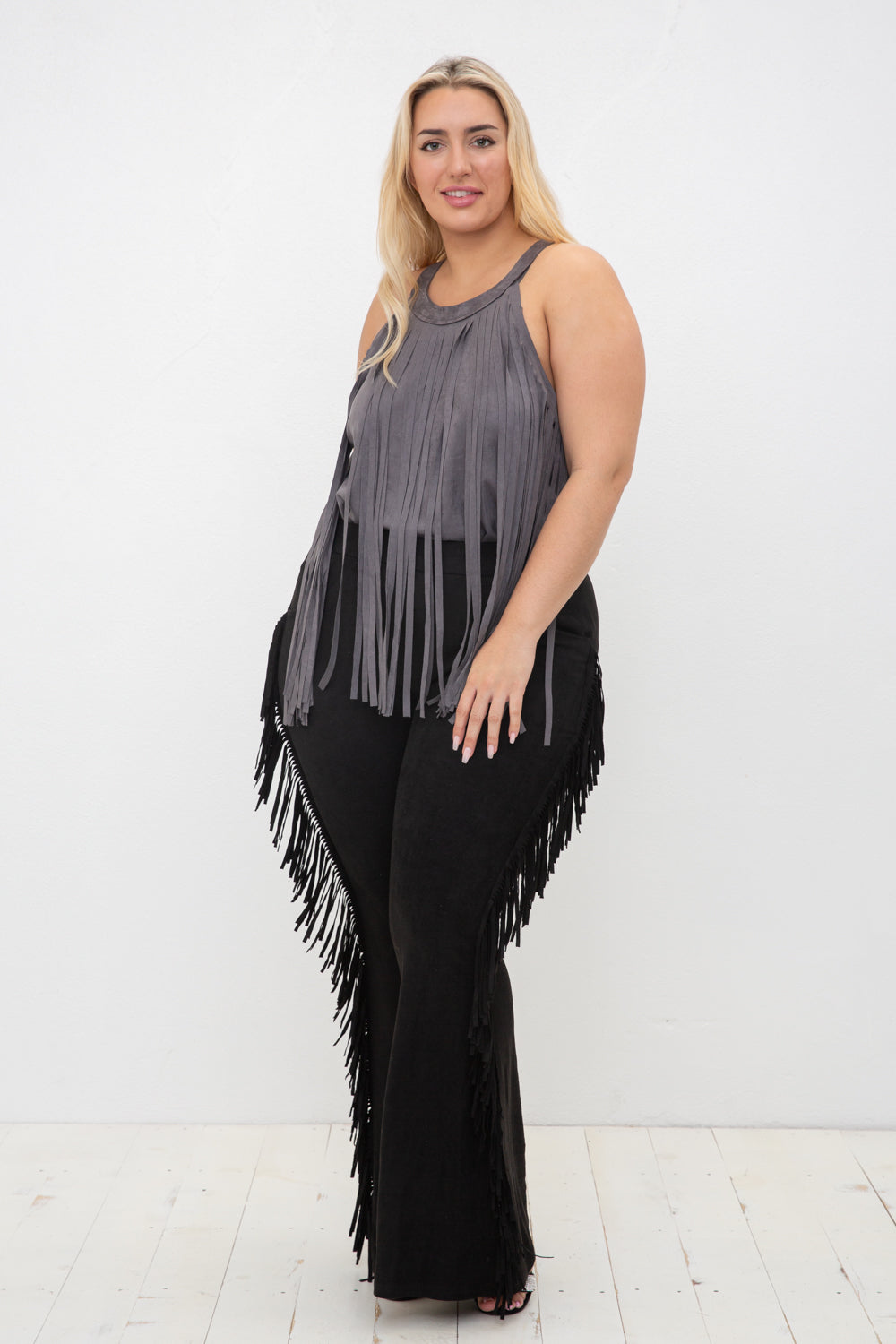 Suede Fringe Flare Pants