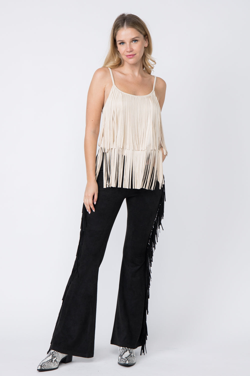 Suede Fringe Flare Pants