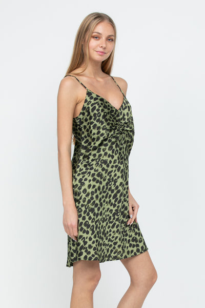 Satin Animal Print Drawstring Dress