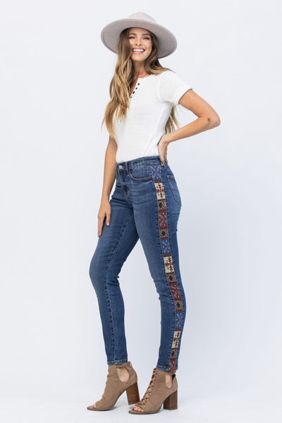 Mid Rise Slim Fit Western Print Trim Jeans