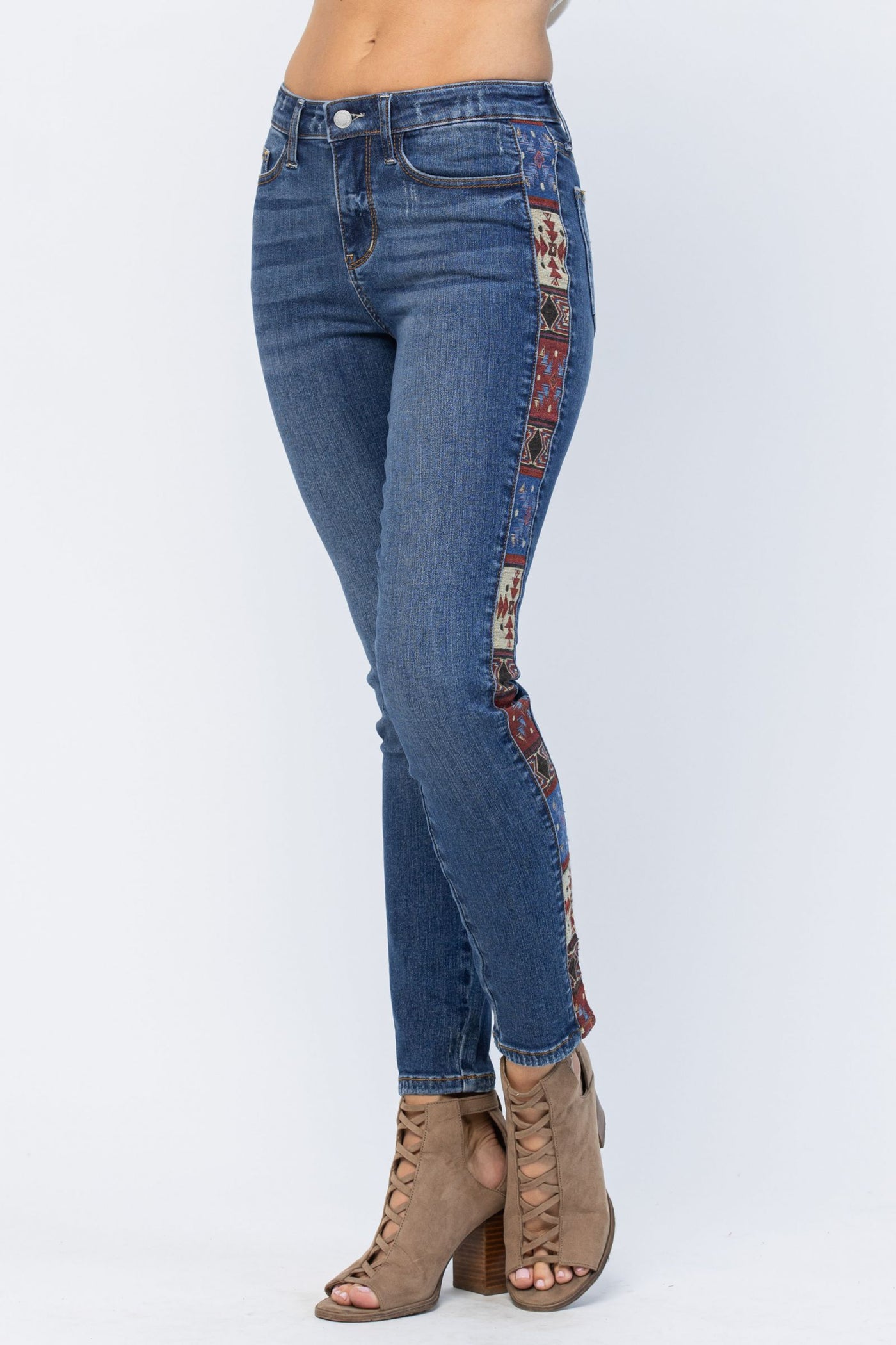 Mid Rise Slim Fit Western Print Trim Jeans