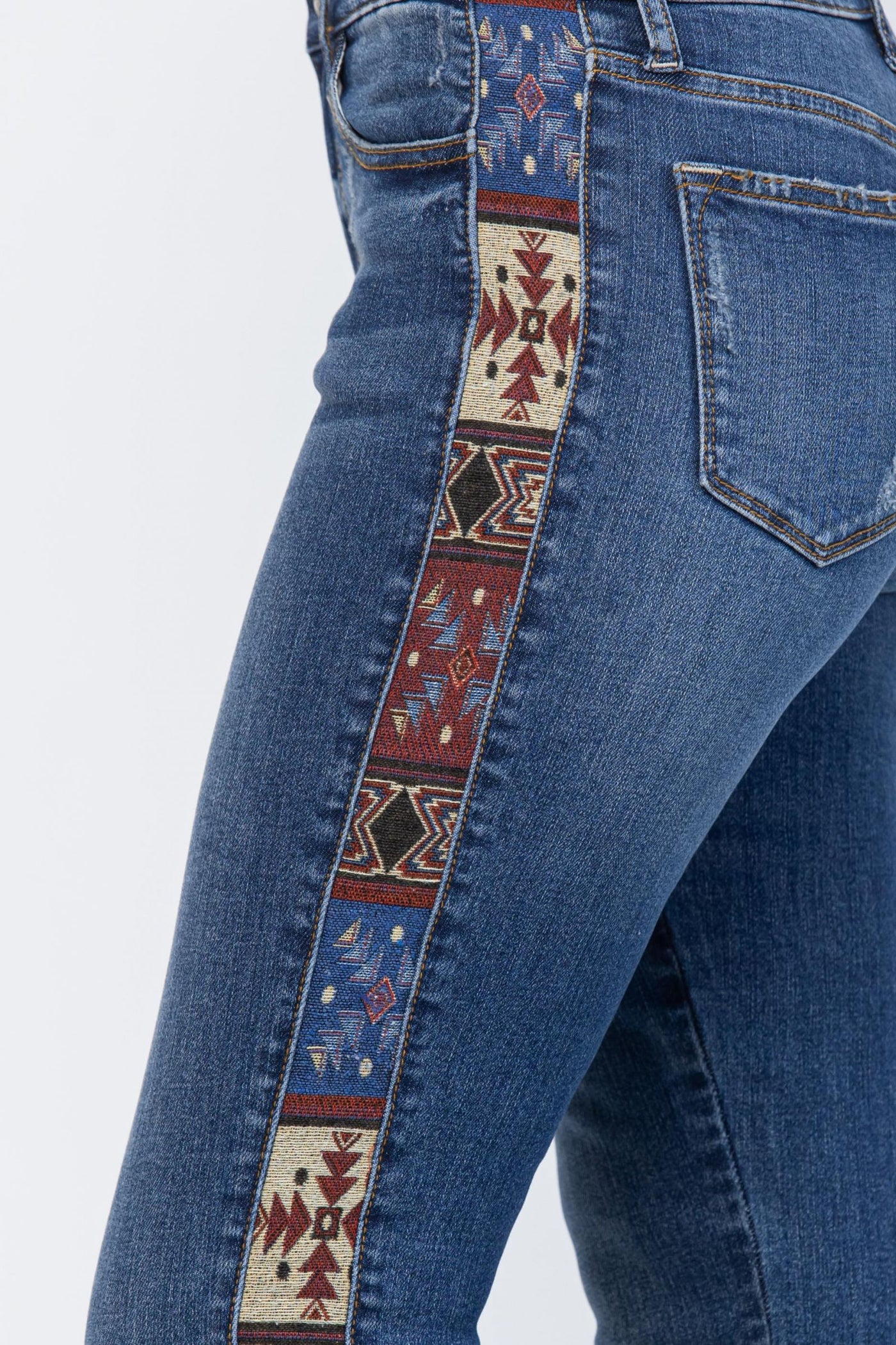 Mid Rise Slim Fit Western Print Trim Jeans