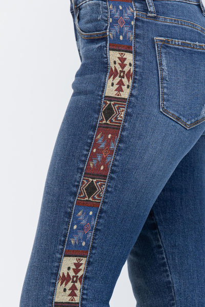 Mid Rise Slim Fit Western Print Trim Jeans