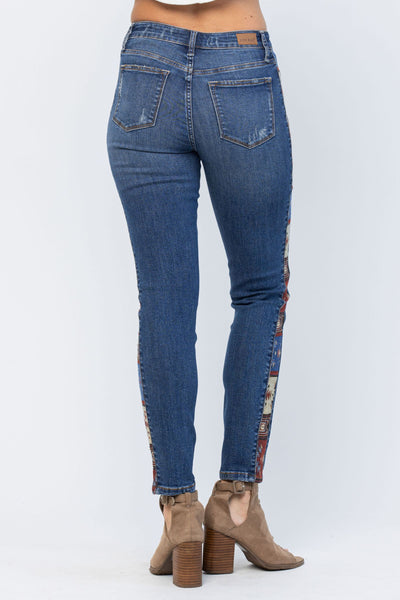 Mid Rise Slim Fit Western Print Trim Jeans