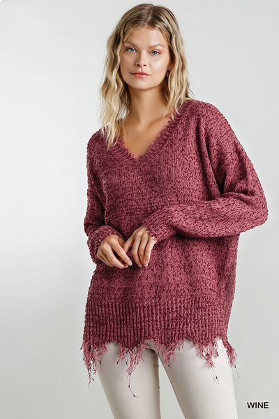 V Neck Frayed Hem Knit Sweater