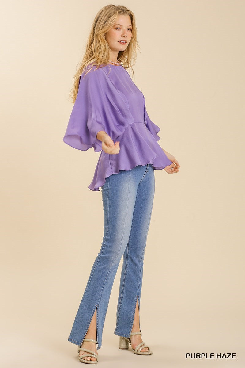 Satin Pleated Kimono Sleeve Top